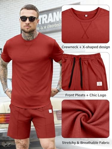 JEMLDL Lounge Sets for Men 2 Piece Summer Casual Outfits Short Sleeve Shirt & Shorts Matching Set Sweat Suit Vacation Clothing Red XL - Thumbnail 2