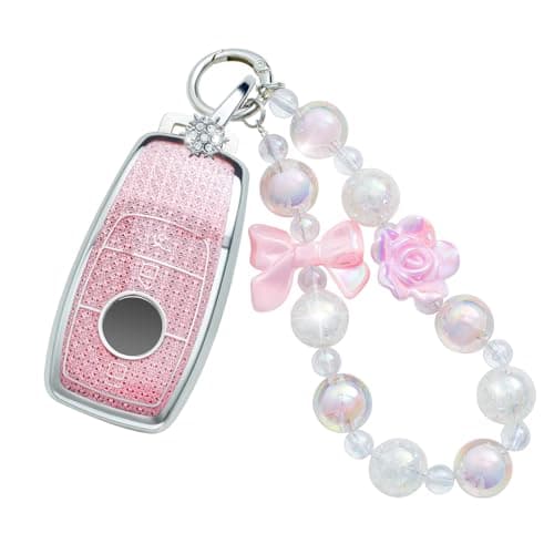 XUPEIXUN for Mercedes Benz Key Fob Cover with Keychain, Pink TPU Key Case Protection Shell Compatible with A C G E S Class Bling Car Accessories，3 Buttons
