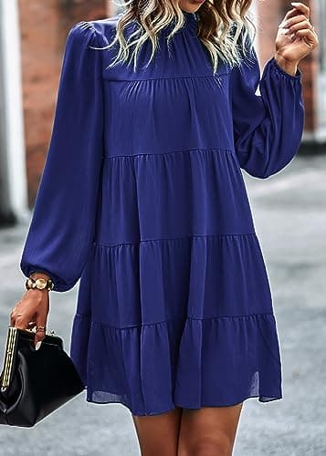 KIRUNDO Long Sleeve Baby Doll Dresses Women 2026 Casual Summer Fall Ruffle Mock Neck Tiered Mini Flowy Swing Shift Dress(Blue, Small) - Thumbnail 3