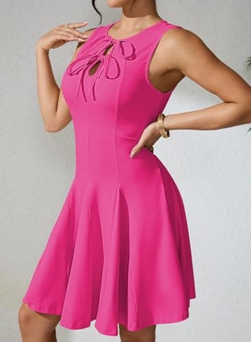 Pink Queen Bow Neck Sexy Flared Mini Dresses for Women Date Night Casual Cute A Line Empire Waist Slim Vacation Knit Short Dress Outfits Hot Pink M - Thumbnail 2