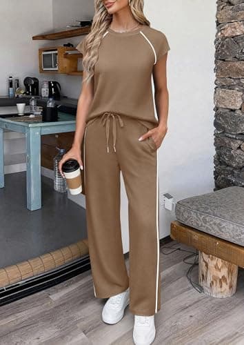 PRETTYGARDEN Two Piece Sets for Women 2026 Summer Vacation Outfits Cap Sleeve Tops Lounge Pants Matching Set Fashion Clothing (Khaki,X-Large) - Thumbnail 4