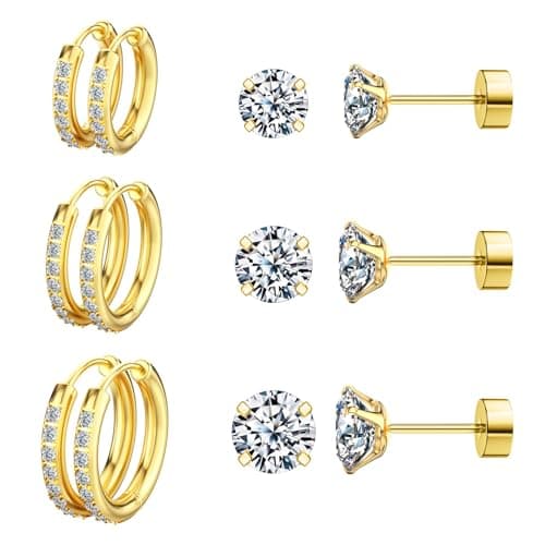 6 Pairs Hoop Earrings for Women - 316L Hypoallergenic Stainless Steel Lightweight 14K Gold Plated Small Huggie Cubic Zirconia Hoop Earrings, Flat Back Tiny Ball Cubic Zirconia Stud Earrings for Cartilage, Helix, or Lobe Piercings, Perfect Fashion Gift Set. - Image 1