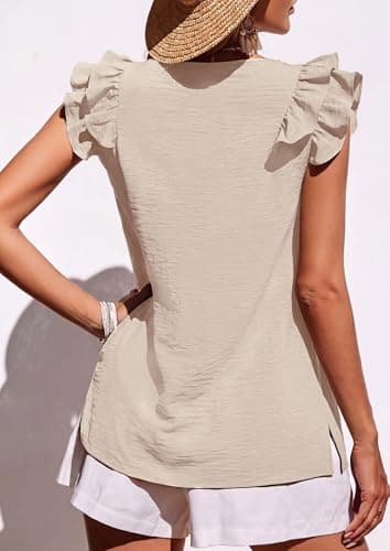 PRETTYGARDEN Blouses for Women Dressy Casual Summer Going Out Tops 2026 Spring Business Work V Neck Ruffle Cap Sleeve Shirts (Beige,Medium) - Thumbnail 4