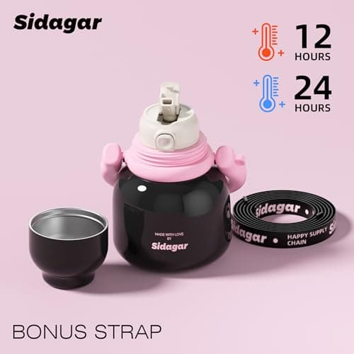 Sidagar 22 oz Water Bottle with Straw and Bowl, Unique Insulated Stainless Steel Tumbler, Spill-proof Reusable BPA-Free Cup, Pilates Wellness Study Travel, with Bonus Strap - Chocolate Black - Thumbnail 4