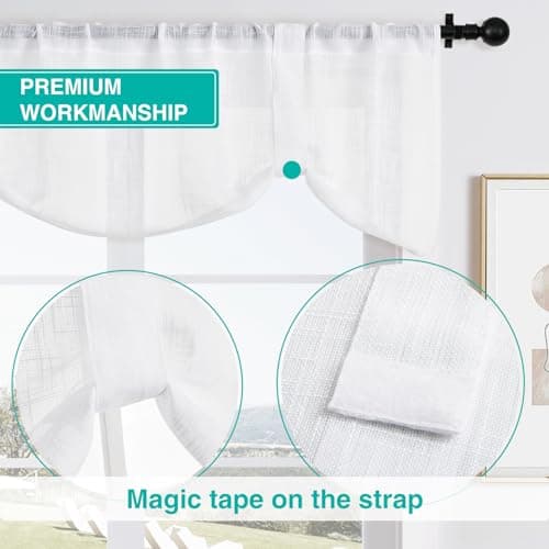 Home Queen White Semi Sheer Tie Up Curtain Valances, Linen Textured, Rod Pocket Balloon Window Topper for Living Room, 54 X 20 Inch, 4 Pieces - Thumbnail 4