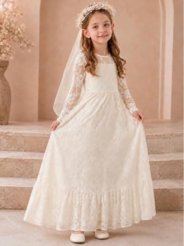 ALLOVIN Toddler & Girls Long Sleeve Lace Flower Girl Dress Maxi Boho A-Line Dress for Wedding Baptism 1st Communion | Ivory | 6-7Y - Thumbnail 4