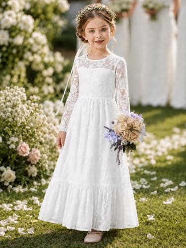 ALLOVIN Toddler & Girls Long Sleeve Lace Flower Girl Dress Maxi Boho A-Line Dress for Wedding Baptism 1st Communion | White | 3-4T - Thumbnail 3