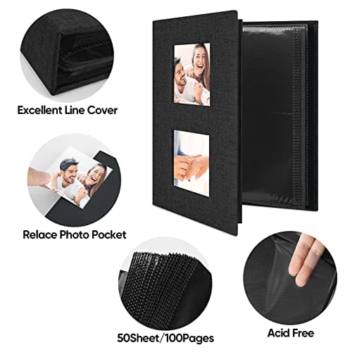 MSTONAL Photo Album 4x6 200 Pockets for Wedding Gifts, Linen Hardcover Memory Book with Front Window for Family Anniversary School Baby Travel Pictures Holds 200 Horizontal Photos, Black - Thumbnail 3