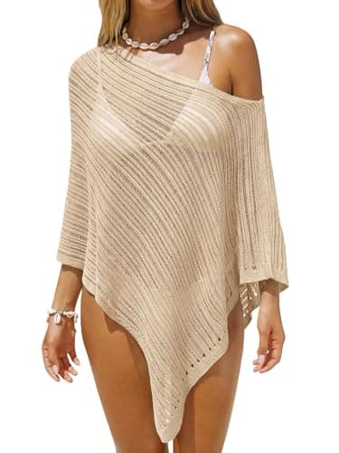 Saodimallsu Womens Off The Shoulder Beach Cover Ups Summer Batwing Sleeve Mesh Knit Asymmetrical Vacation Cape Top Khaki - Image 1
