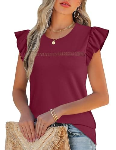 JUSTFASHIONNOW Womens Ruffle Short Sleeve Tops Cute Red Summer Shirts Dressy Casual Crew Neck Blouses 2026 Fashion Outfits(Wine Red,Medium) - Thumbnail 2