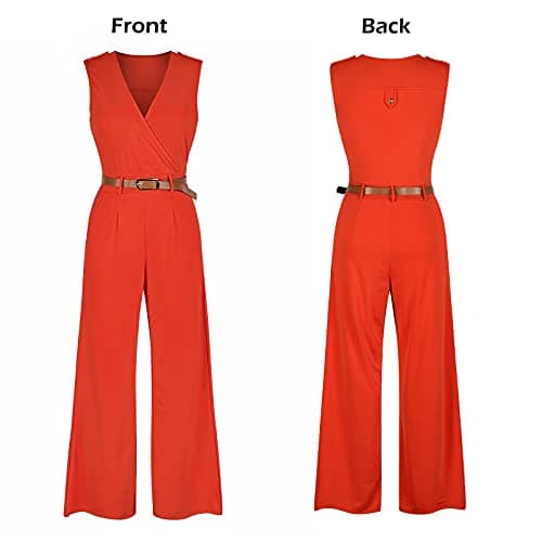 Pink Queen Women's Casual V Neck Wrap Long Pants Club Jumpsuits Rompers Belted with Pockets L Orange - Thumbnail 4