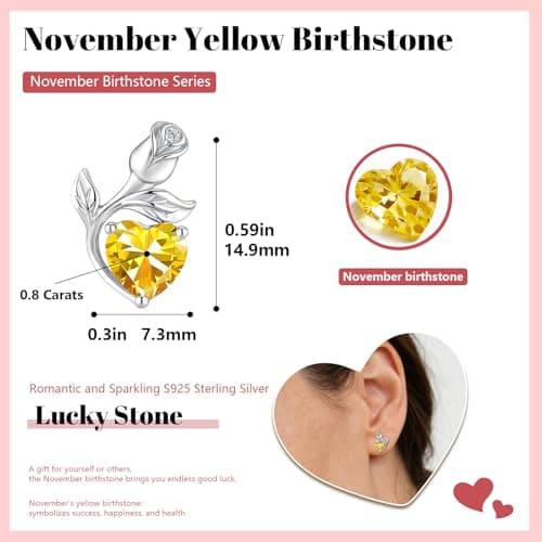 JACUPO 0.8CT Rose Heart Earrings Option of Sapphire Moissanite Stud Earrings Lab-Grown Earrings Birthstone Earrings for Women S925 Sterling Silver Post D Color VVS1 Clarity Ideal Gift for Wife Mother for Birthday Anniversary Valentine's Day Conveying I Love You Message (Nov Yellow Silver) - Thumbnail 2