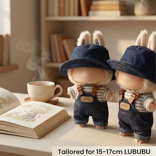 BLISSWEAVE Doll Clothes Set, 3-Piece Outfit with Denim Overalls, Bucket Hat, Striped T-Shirt, Fits 15-17 cm Dolls - Thumbnail 6