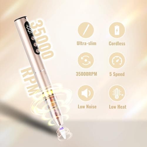 Denabuty Electric Nail Drill Cordless, 35000RPM Portable Electric Nail File with LCD Display and 12 Nail Drill Bits for Acrylic & Gel Nails, Professional Manicure & Pedicure Kit Set Golden - Thumbnail 2