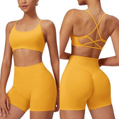 2 Piece Workout Sets for Women - Work Out Gym Clothes Set for Woman Yoga Outfits for Womans Sports Bra and Shorts Set Yellow XL - Image 1
