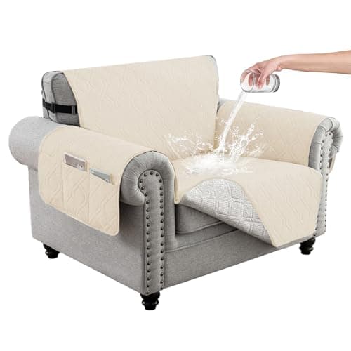 Eusalioy 100% Waterproof Couch Cover for Armchair, Anti-Slip Washable Sofa Cover with Elastic Straps & Side Pockets, Durable Furniture Protector for Kids, Pets & Dogs (23", Beige) - Image 1