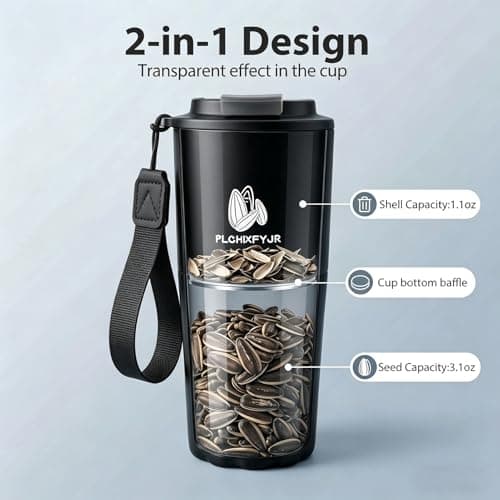 PLCHXFYJR Portable Sunflower Seed Cup with Seed Organizer and Shell Storage, Seed Snack Spit Cup for Outdoor, in Car, Travel and Sports Games. Works with Pistachios (black) - Thumbnail 2