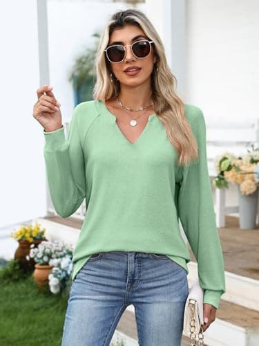 GKBK Womens Sweatshirts Long Sleeve V Neck Tops Fall Winter Basic Casual Lightweight Pullover Shirt Green - Thumbnail 5