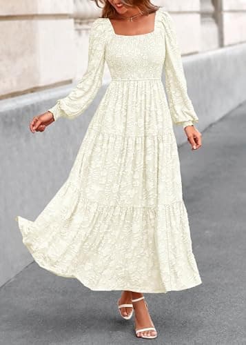 KIRUNDO Wedding Guest Dresses for Women 2026 Spring Summer Long Sleeve Smocked Floral Flowy Baby Shower Maxi Dress Pockets (Cream, Medium) - Thumbnail 3
