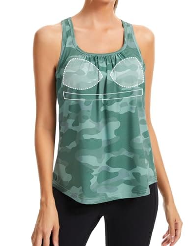 SLIMBELLE Mesh Racer Back Tank Tops Womens Gym Yoga Athletic Workout Tops Round Neck Sleeveless Loose Fit Cami with Built in Bra Green Camo S