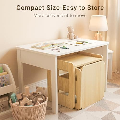 Tilhumt Montessori Weaning Table and Chair Set - 3 Adjustable Height Kids Activity Table with Fence Wood Toddler Table and Chair Set for 1-3 Age Kids for Read, Playing, Eating, Step Stool - Thumbnail 4