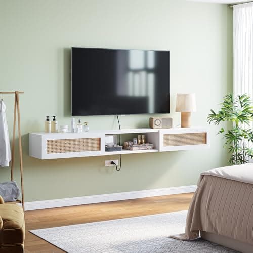 FurniNova 55" Floating TV Stand with Natural Rattan Doors, Boho Wall Mounted Media Console for Up to 65 inch TV, Modern Plyood Entertainment Center with Storage & Cable Management, White - Thumbnail 4