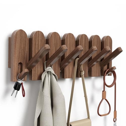 Sueuapp Walnut Wood Coat Rack Wall Mount,16.5" Wall Mounted Coat Rack with 8 Retractable Hangers,Heavy Duty Coat Hooks for Hanging Coats,Hats,Towels,Bags,Key Holder for Entryway - Image 1