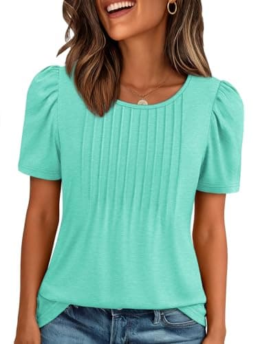 ATHMILE Ladies Tops and Blouses Women Dressy Casual T Shirts Summer Scooped Neck Cute Short Sleeve Pleated Shirts Turquoise - Image 1