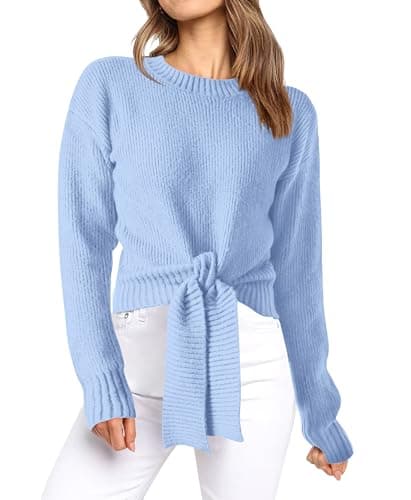 Okiwam Women's Long Sleeve Cropped Sweaters Casual Knit Pullover Tie Front Crew Neck Fall Outfits Spring Fashion Clothes 2026-M Light Blue - Image 1