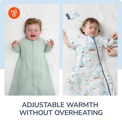 Baby Sleep Sack 3–6 Months, Cotton Sleep Sack with Detachable Long Sleeves, 1.0 TOG Wearable Blanket for Cooler Nights, 2-Way Zipper Toddler Sleeping Sack with Temperature Strip, Dinosaur - Thumbnail 2