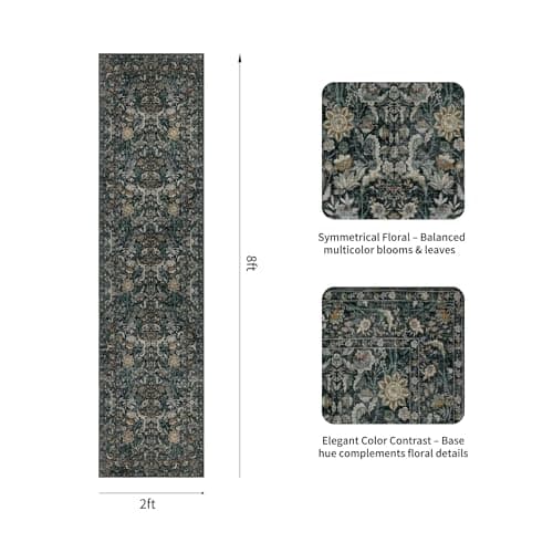 Luxcrest Green 2x8 Runner Rug: Vintage Floral Washable Rugs for Entryway Hallway Bedside Kitchen Indoor - Soft Non-Slip Stain Resistant Low Pile Carpet - Dark Green - Thumbnail 2