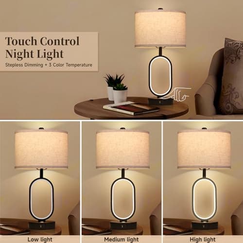 NITOWOLF 23" Bedside Lamps Set of 2, Farmhouse 3-Way Dimmable Touch Lamps for Nightstand, Built-in Night Light Bedside Table Lamp with USB A+C Ports, Black Table Lamp, LED Bulbs Included - Thumbnail 3