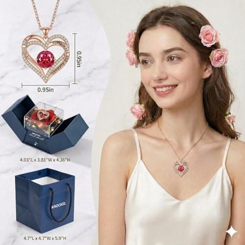 Kruckel Preserved Red Roses with Heart I Love You Promise Necklace, Romantic Eternal Flower, Mothers Day Gifts Valentines Day Anniversary Birthday Gifts for Women Wife Girlfriend Mom - Thumbnail 4
