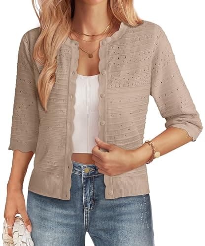 GRACE KARIN Womens Short Sleeve Cardigan Sweater, Lightweight Summer Cardigan Trendy, Crochet Knit Boho Bolero Shrugs Khaki - Image 1