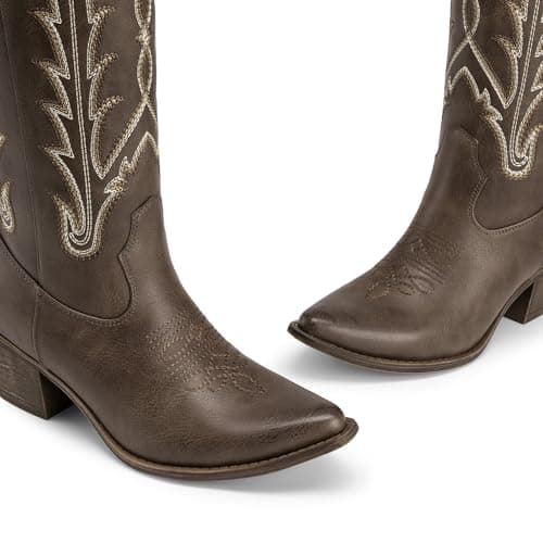 Athlefit Cowboy Boots for Women Cowgirl Western Knee High Comfortable Slip On Chunky Heel Square Toe Embroidered Fall Fashion Tall Dancing Boots Dark Brown Dark Brown Size 11 - Thumbnail 5