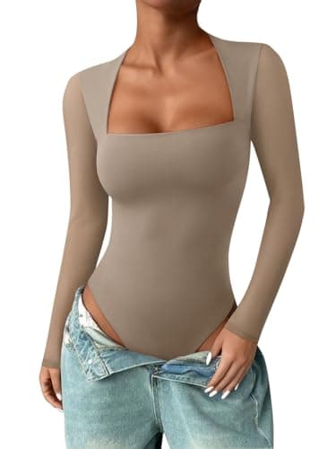 PINKMSTYLE Mesh Long Sleeve Tops for Women Sexy Square Neck Bodysuits Date Night Outfits Light Coffee X-Large - Image 1