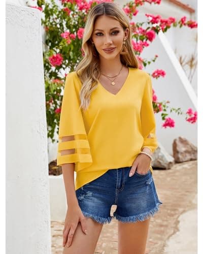 LookbookStore Women Vneck Mesh Panel Work T Shirts for Women V Neck Casual 3/4 Flared Bell Sleeve Blouse Dressy Casual Top Loose Business Office Blouse Tops Gold Lemon Size Large - Thumbnail 4