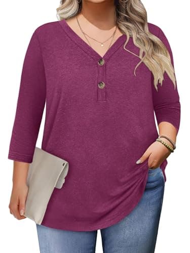 3/4 Length Sleeve Womens Tops Summer Plus Size Clothes Spring Beach Fashion Clothing for Women Blouses Dressy Casual Oversized Tshirts V Neck T Shirts Business Casual Vacation Rave Outfits 2026 Red L