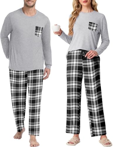 PrinStory Womens Pajama Sets Sleepwear Pjs Lightweight Long Sleeve Crewneck Shirts and Bottoms Soft Sleep Sets Black White Plaid L - Image 1