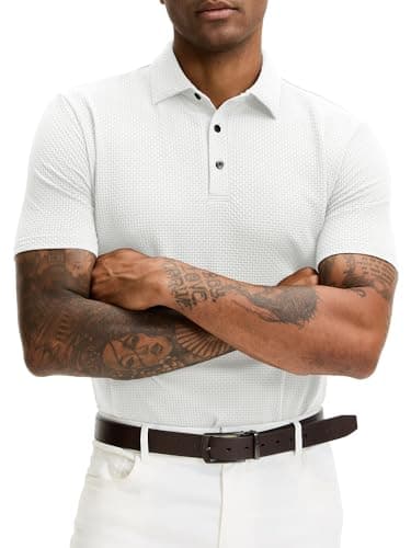 JEMLDL Men's Jacquard Sports Golf Polo Shirts Moisture Wicking Breathable Short Sleeve Performance Dry Fit Polo Shirts White S - Image 1