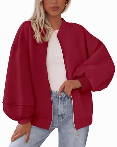KIRUNDO Oversized Sweatshirt for Women Zip Up Bomber Jacket 2026 Fall Fashion Casual Long Sleeve Outerwear Winter Outfits(Red, Large) - Image 1
