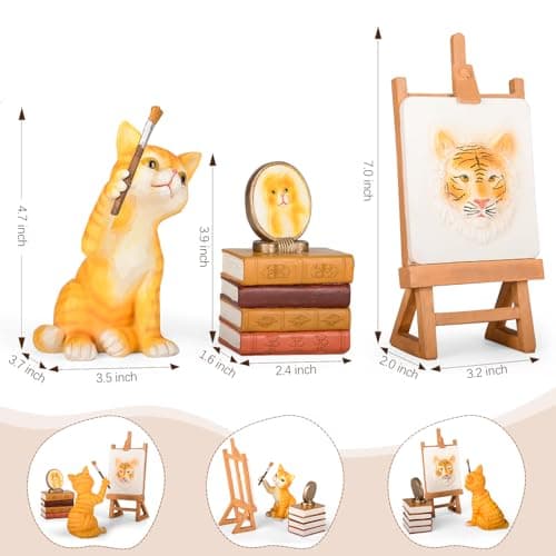 VOFSTAND Resin Cat Painting Self-Portrait Figurine Set - Whimsical Tiger Art Decor for Cat Lovers, Inspirational Desk Ornament with Easel & Books (Heavy Duty, Gift Ready Packaging) - Thumbnail 3