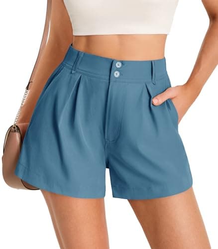 Cicy Bell Womens Summer Elastic High Waisted Shorts Pleated Wide Leg Trendy Casual A Line Comfy Shorts Blue Gray - Image 1