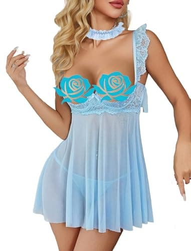 Avidlove Sexy Push Up Lingerie for Women Sheer Lace Babydoll Chemise Sleepwear Light Blue M - Image 1