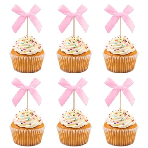 Oeyliz Pink Bow Cupcake Toppers Bow Cake Topper Decorations 24 PCS Pink Bows Cupcake Toppers Birthday Party Decorations Cake Bow Cupcake Topper for Baby Shower Birthday Wedding Bridal Party Supplies - Image 1
