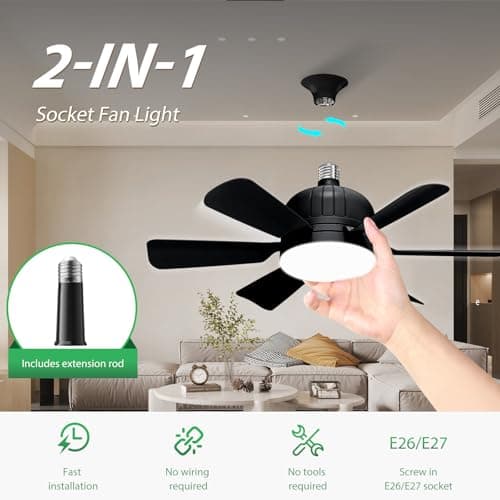 YUNICE Socket Fan Light with Remote 18 Inch Black Socket Ceiling Fan Light Socket Fan with Adjustable LED 3 Speeds E26/E27 Screw In Ceiling Fan for Bedroom Kitchen Garage - Thumbnail 2