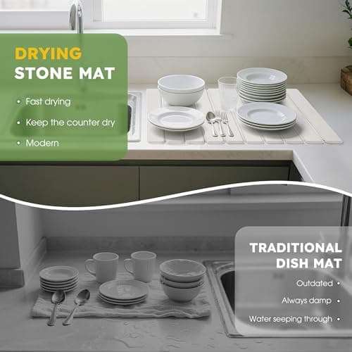 HABUTWAY Large Stone Dish Drying Mat for Kitchen Counter – 24"×16" Collapsible Diatomaceous Earth Mat, Ultra Absorbent & Quick Dry, Foldable Drying Pad for Dishes, Bottles, Cups (White) - Thumbnail 5