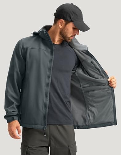Pudolla Men's Softshell Jacket Fleece Lined Water Resistant Hooded Winter Coats for Men Outdoor Work Hiking with Pockets(Deep Grey Small) - Thumbnail 2