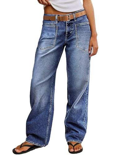 Flvsun Straight Leg Jeans for Women Trendy Mid Rise Stretchy Patch Pocket Baggy Jeans Casual Without Belt - Image 1