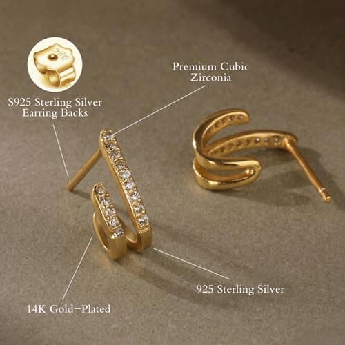 Huggie Earrings for Women, Small Double Hoop Earrings with Cubic Zirconia, Solid 925 Sterling Silver, Hypoallergenic, Jewelry Gift for Her - Thumbnail 3